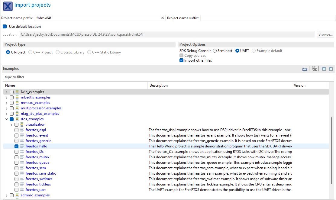 Figure 1.1 Create freertos_hello SDK example