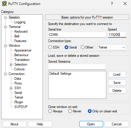 Figure 1.5 Open COM port with PuTTY