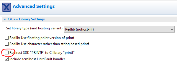 Figure 1.12 Clear Redirect SDK PRINTF to C library printf