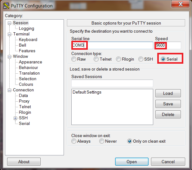 Figure 1.4 Open COM port with PuTTY